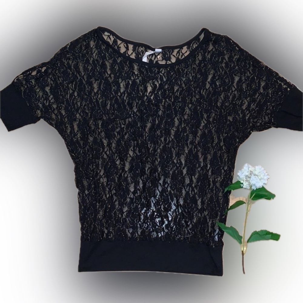 Only Sky Black Cold Shoulder Whimsigoth Mesh Lace Top - women’s Large Y2K